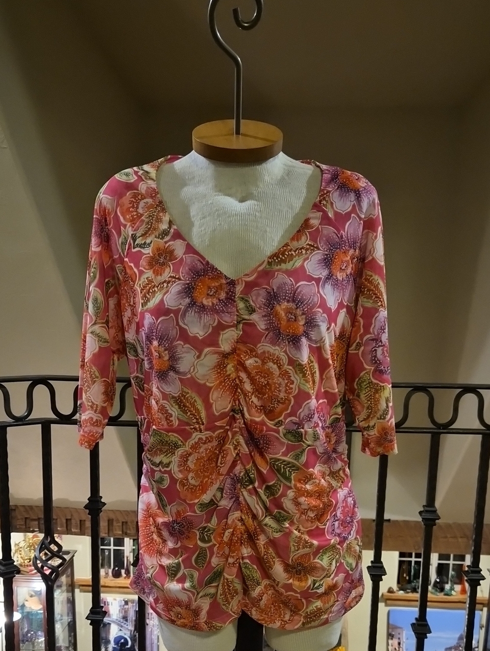 Jade By Johnnu Was Pink Floral V-Neck Ruched Elbow Sleeve Mesh Top